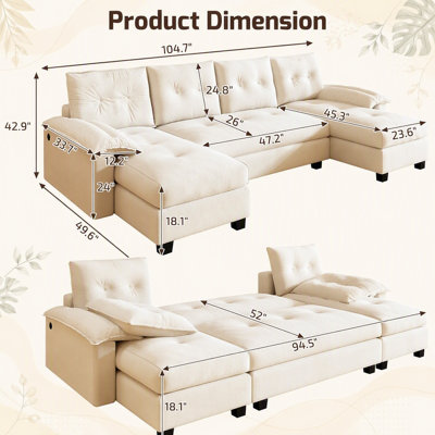 Canapé-lit en forme de U de 104,7 pouces avec lit escamotable, canapé convertible 2 en 1 avec accoudoirs amovibles et ports USB, canapé modulaire surdimensionné pour le salon