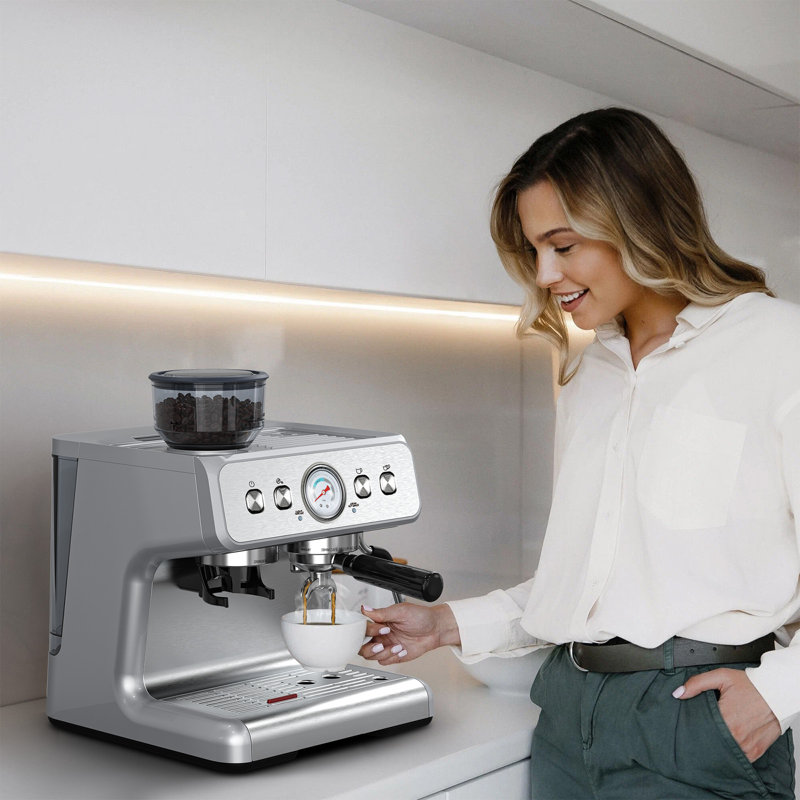 Machine à espresso Kismile avec moulin, baguette d'équipe, tasse à lait et fonction autonettoyante pour barista domestique