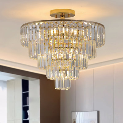 Multi-Tier K9 Crystal Ceiling Chandelier, Classic Gold Flush Mount Pendant Light