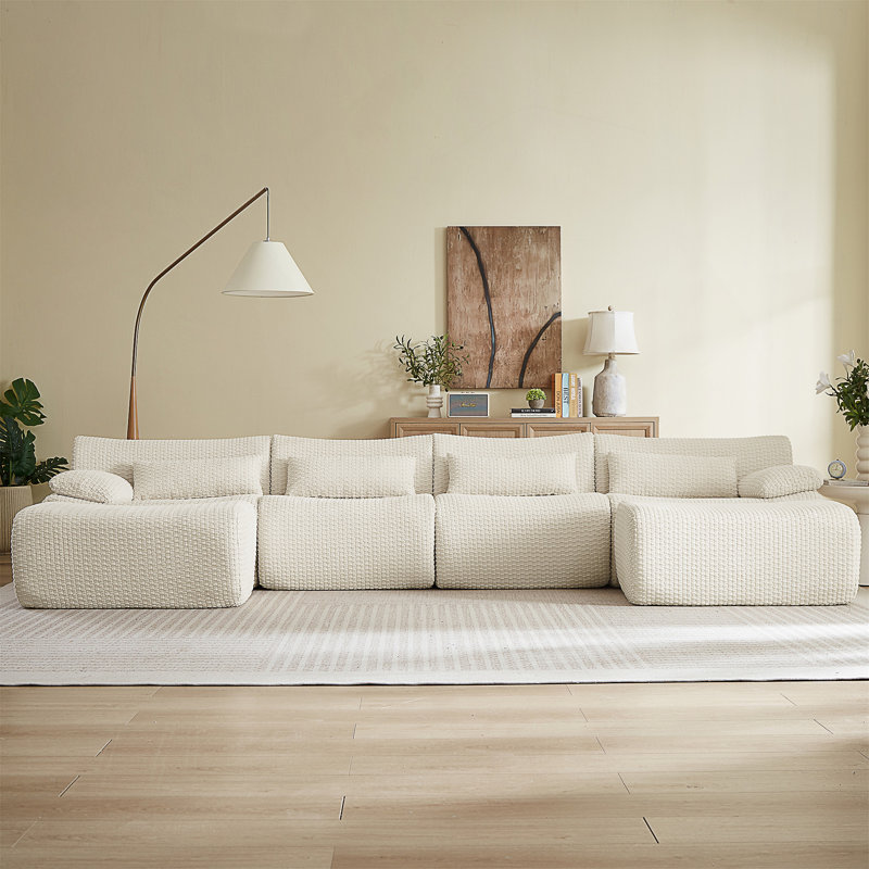 Canapé modulaire convertible en U avec repose-pieds, Velours côtelé crème