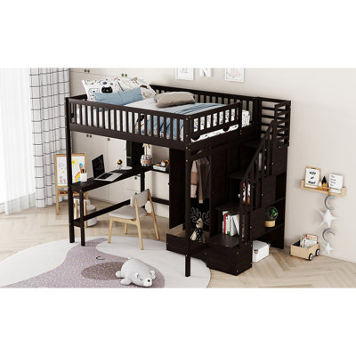 Full Size Loft Bed In With . Bookshelf, Drawers, Desk, And Wardrobe. Strong Solid Pinewood Build. Playhouse Inspired Look. Fence Shaped Accentuation. 94.4"l X 57"w 72"h. Mattress Not Included.
