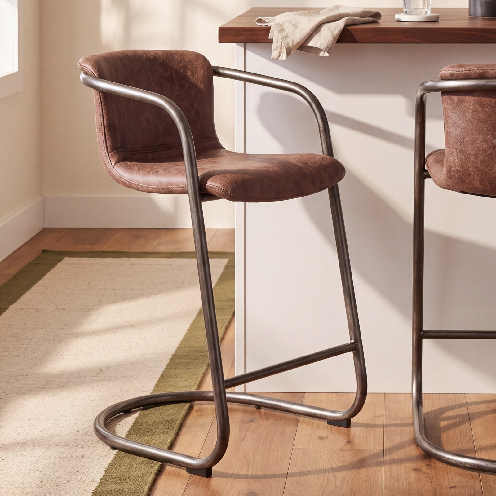 Higbee Genuine Leather Bar and Counter Stool, Brown Genuine Leather, Counter Stool (25" Seat Height)