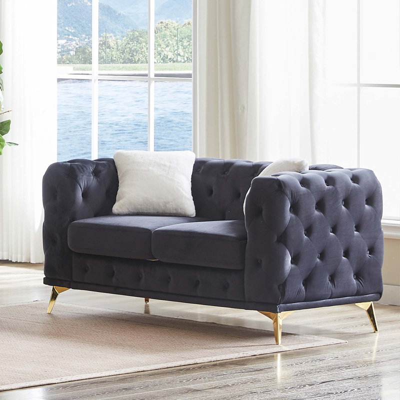 Canapé en velours de luxe avec 2 coussins, 2, H 30,25 po x l 61,25 po x P 32,75 po, Noir