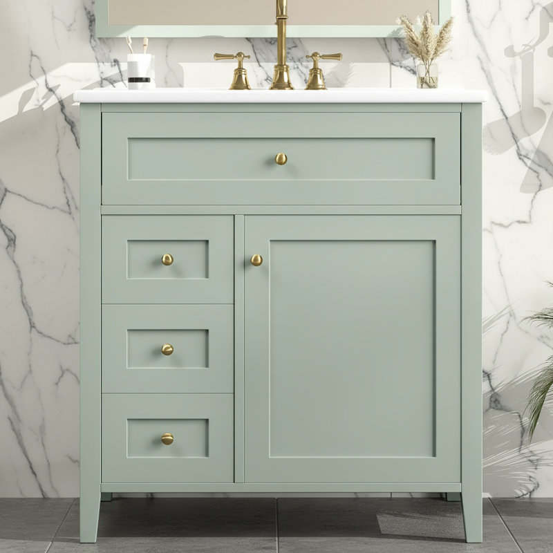 30" Freestanding Single Bathroom Vanity with Ceramic Sink, Soft-Close Doors, 3 Drawers, Adjustable Interior Shelf, Easy Assembly