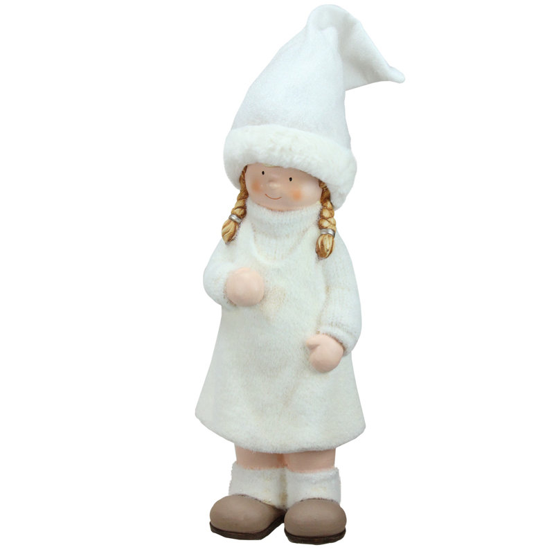 19" White and Beige Winter Girl with Tall Hat Figurine