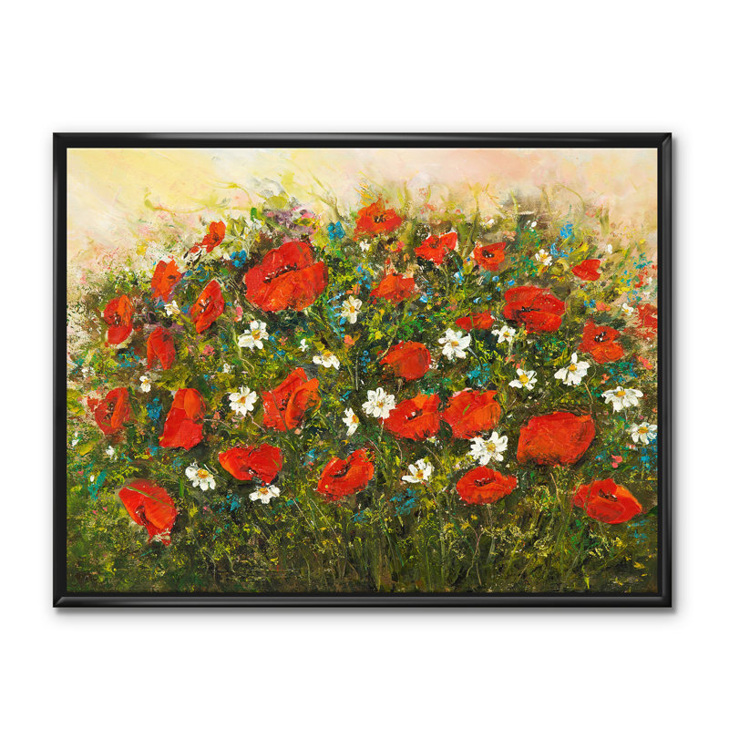 Blossoming Red Flower Fields - reproduction d'art sur toile, H 30 po x l 40 po x 1,5 po, Toile avec cadre noir