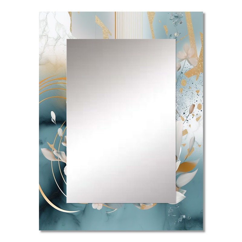 Blue Marble Gold Floral Impressions III - grand miroir mural floral, miroir traditionnel unique, impression d'art en métal