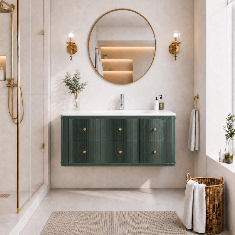 Meuble-lavabo flottant vert pré-assemblé avec lavabo en acrylique et structure en bois massif, 48"
