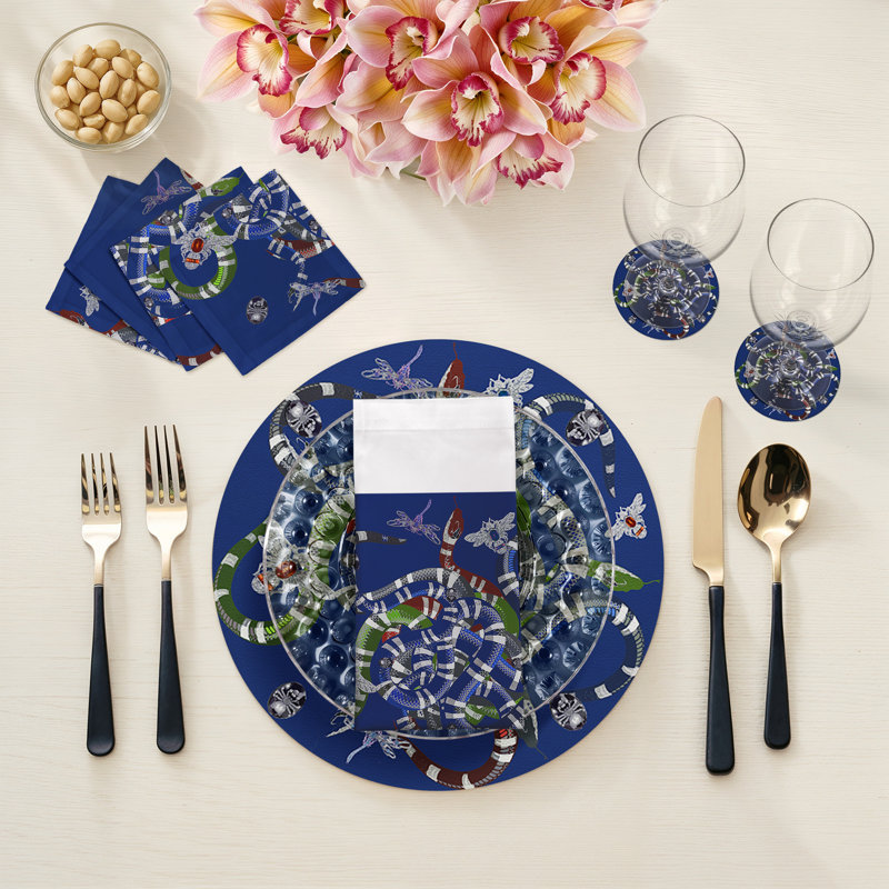 Ouroboros Vegan Leather Round Beaded Placemat, Blue