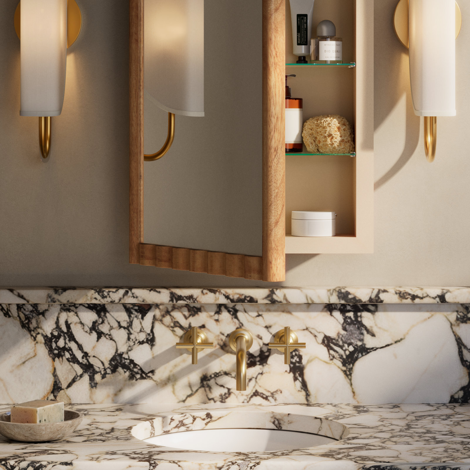 Purist Wall Mounted Bathroom Faucet, Vibrant Brushed Moderne Brass, Cross Handle