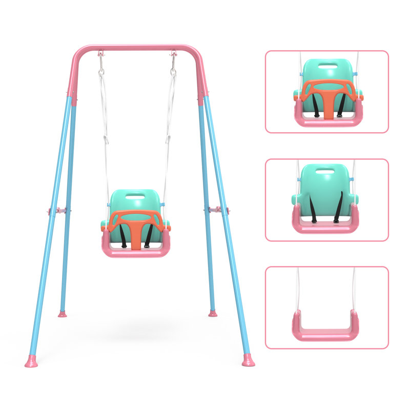 Balançoire pour tout-petits avec support métallique pliable, idéale pour l'intérieur et l'extérieur, à utiliser dans le jardin dès 6 mois. Couleurs : rose et bleu.