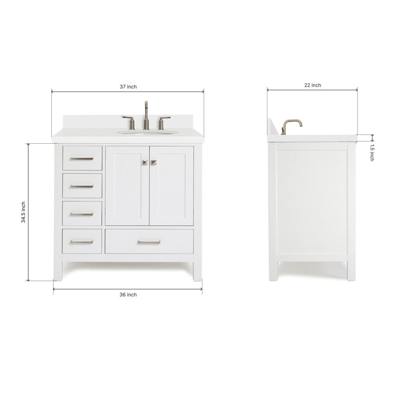 Cambridge 37'' W Single Vanity, White, Pure White Quartz, Oval