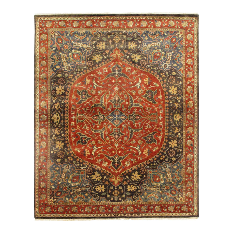 Tapis unique en laine noué à la main rouge / noir 8 pi x 9 pi 10 po Nashe