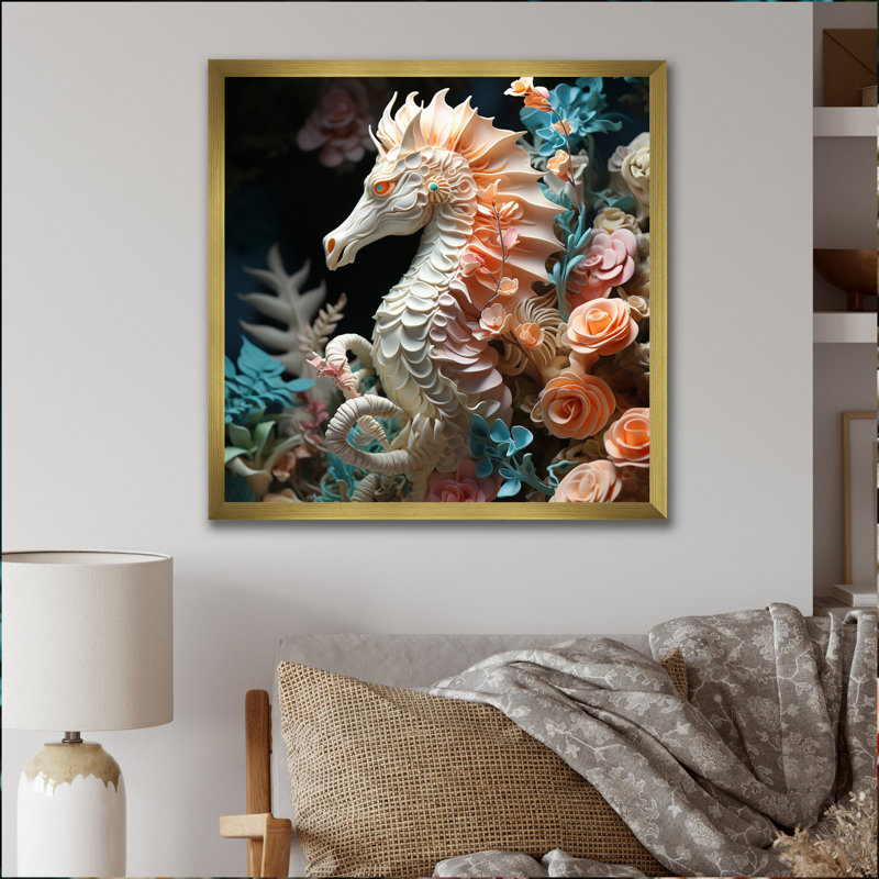Hippocampe avec sanctuaire de fleurs - impression, H 30 po x l 30 po x P 1 po, Cadre doré à une seule photo