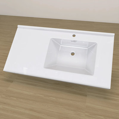 Plateau de meuble-lavabo à surface solide de 42 pouces avec lavabo simple intégré à droite, comptoir épais blanc vif de 2 po, rebord surélevé et dosseret