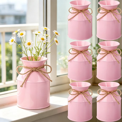 Paquet de 6 vases à fleurs en métal de style campagnard avec nœud en corde de chanvre, vase en pot de lait galvanisé pour décoration de mariage, centre de table, décor de maison rustique, ensemble en vrac