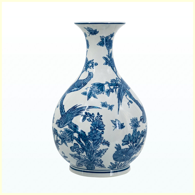 Vase en porcelaine bleu et blanc 8,7 x 14,2 pouces avec motifs inspirés de la nature, vase décoratif