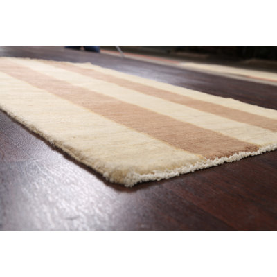 Tapis beige en laine noué à la main de conception unique 3 pi 2 po x 5 pi 3 po New Age