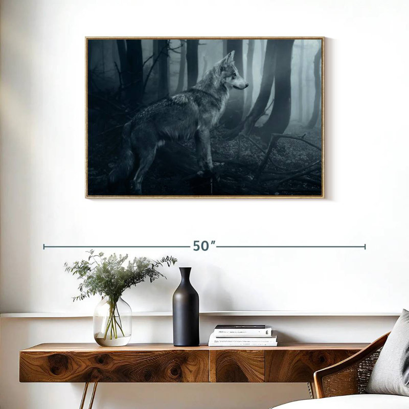 Loup gris, Cadre flottant en bois naturel, 37 po x 25 po
