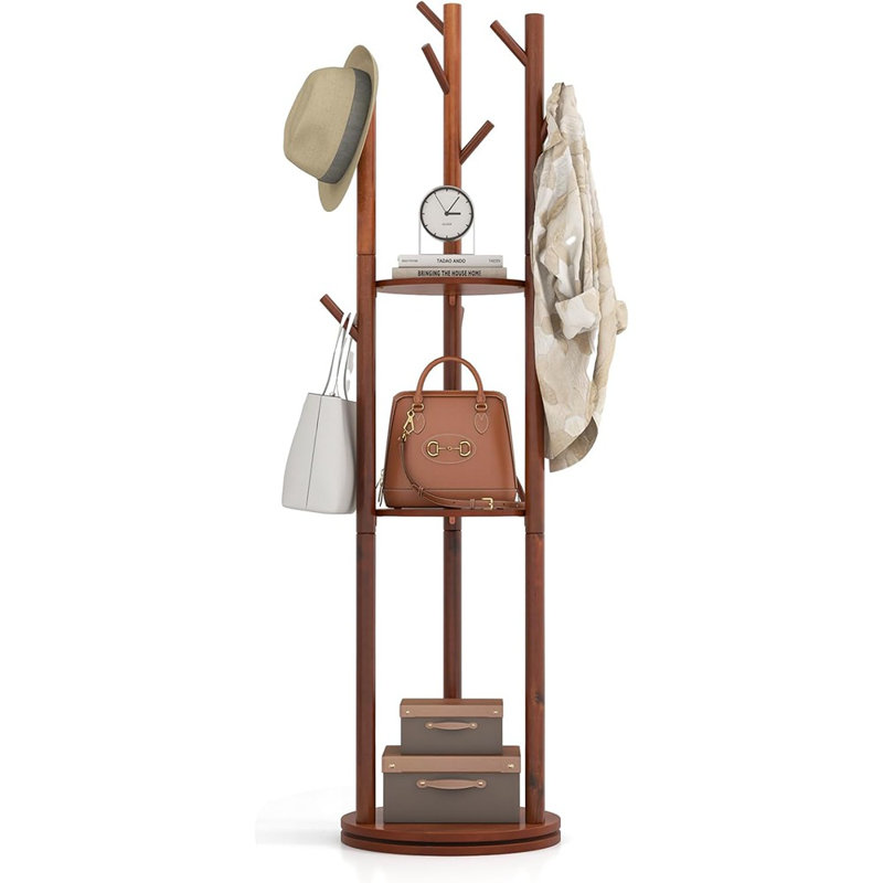 Portemanteau autoportant rotatif - Portemanteau en bois avec 3 tablettes et 9 crochets, bords arrondis et base large [Noyer] - [Bois / Moderne / Autoportant]