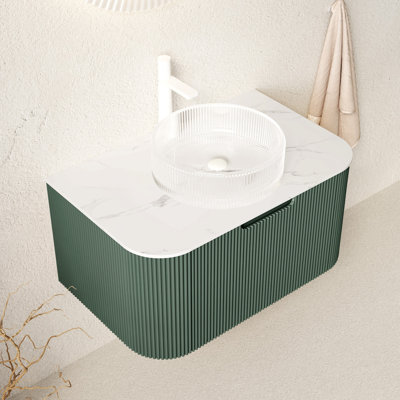Meuble-lavabo 36 po, armoire de salle de bain en contreplaqué rayé à bords arrondis avec tiroir, vasque en verre cristal transparent et plateau en pierre frittée, pré-assemblé