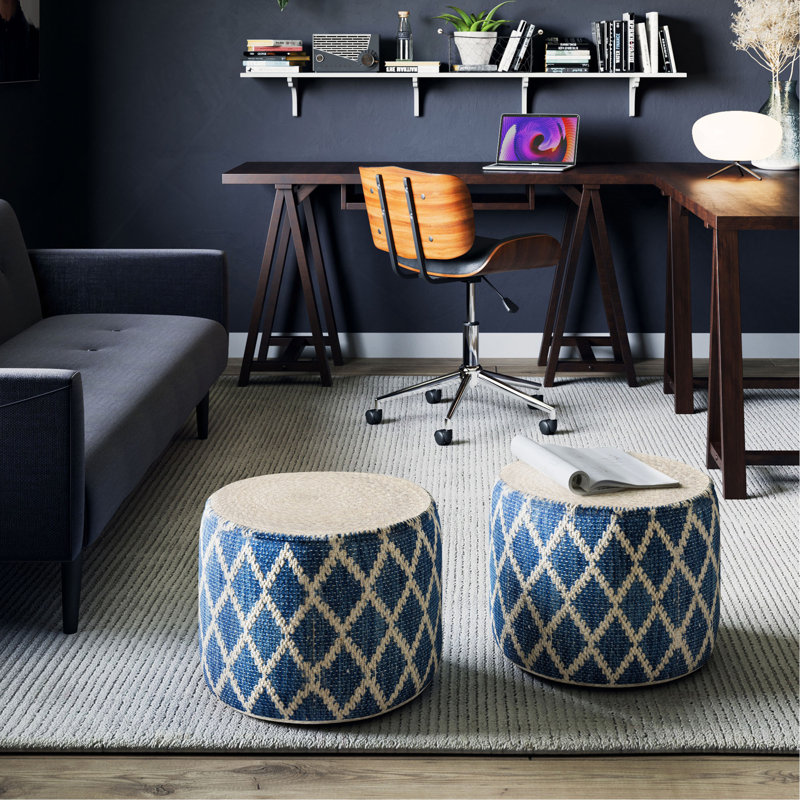 Edgeley 18 inch Wide Round Pouf in Handwoven Jute and Cotton, Blue