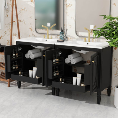 Meuble-lavabo de 60 po avec lavabo double, lavabos en céramique, portes et tablette de rangement