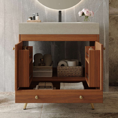 Meuble-lavabo autoportant de style Mid-Century avec comptoir en faux marbre et lavabo en céramique, armoire de rangement à double porte, bois d'ingénierie imperméable, pieds dorés