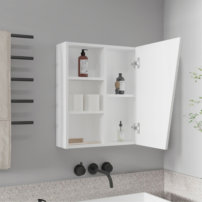 Wall-Mounted Mirror Medicine Cabinet With One Door And Four Open Compartments