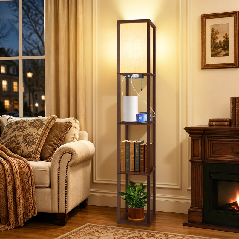 Lampe sur pied colonne 63 "avec tablettes avec ampoule et station de charge USB 63", Brun