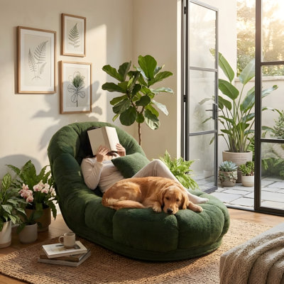 Fauteuil de sol convertible moderne en peluche verte avec coussin amovible et couchage pour animaux - Chaise longue inclinable réglable