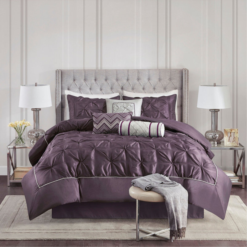 7 Piece Tufted Comforter Set, Plum, Full Comforter + 6 Additional Pieces