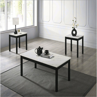 Ensemble de table 3 pièces de style contemporain 1 x table basse 2 x table de bout avec dessus en marbre et pieds en bois pour salon principal