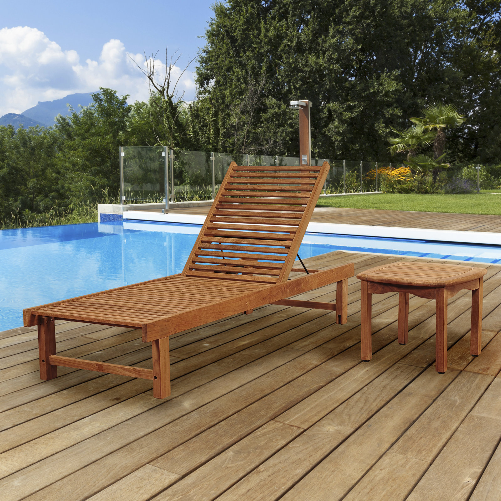 Arnoult Outdoor Wood Chaise Lounge with Table