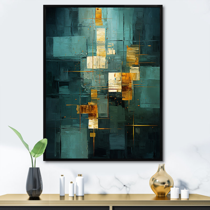 Illumination of Desire Cubist Turquoise Gold I - impression, Cadre flottant noir, H 44 po x l 34 po x P 1,5 po
