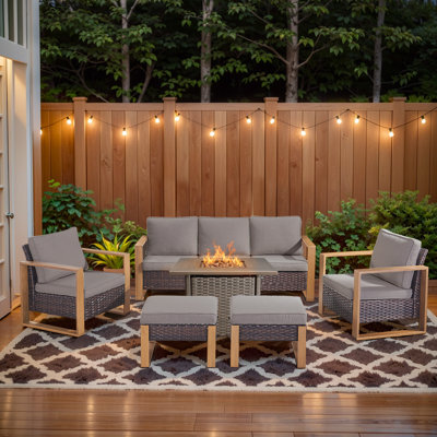 Palomares 6-Piece Outdoor Conversation Set With Square Fire Pit Table, 7-Person Wicker Patio Seating With Sofa, Armchairs And Ottomans