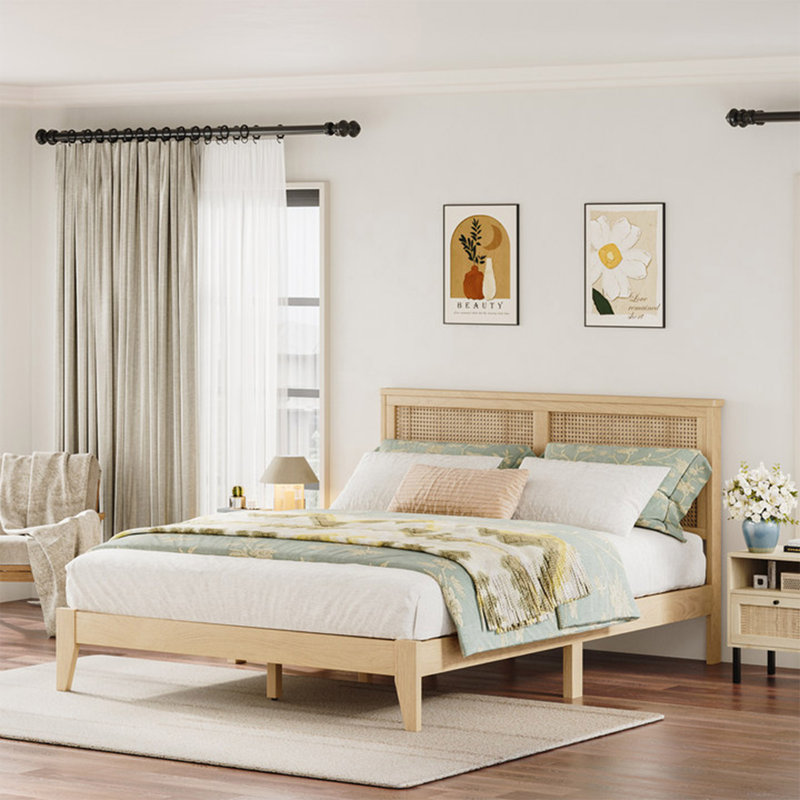 Grand lit plateforme en bois massif avec tête de lit en rotin Boho, Grand lit, Naturel, Non