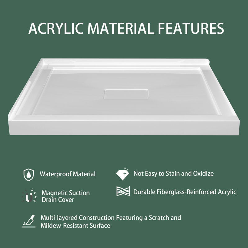 48" L x 36" W White Acrylic Shower Base for Two-Wall Alcove Right Entry | Center Drain with Magnetic Cover | Hassle-Free Cleaning