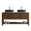 Meuble-lavabo de salle de bain 60 po Indigo, armoire de rangement autoportante en contreplaqué avec 4 portes rayées diagonales et tablette ouverte, 2 lavabos ovales en céramique noire et plateau en pierre frittée blanc de Carrare, grain de bois noyer foncé-130369472-130369470
