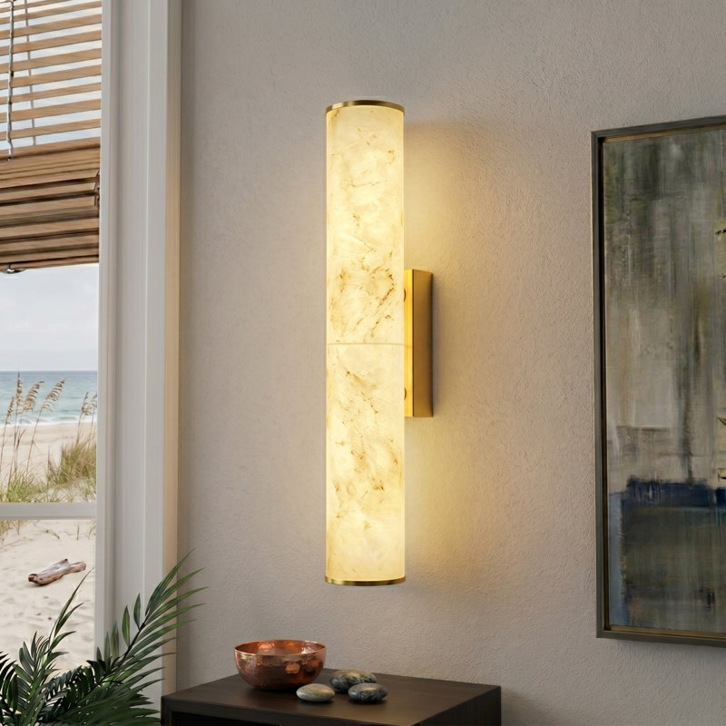 19.7" Cylinder-Shaped LED Dimmable Alabaster Wall Sconce With Brass Metal Fixture, Gold