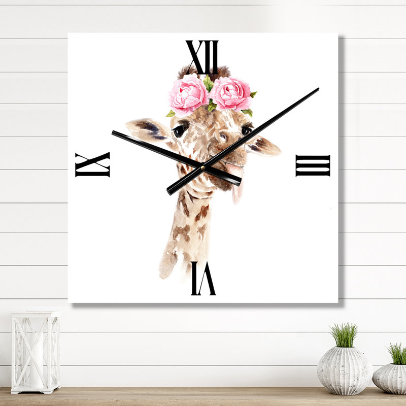 Portrait d'une girafe avec des fleurs I - Horloge murale de ferme, Grand
