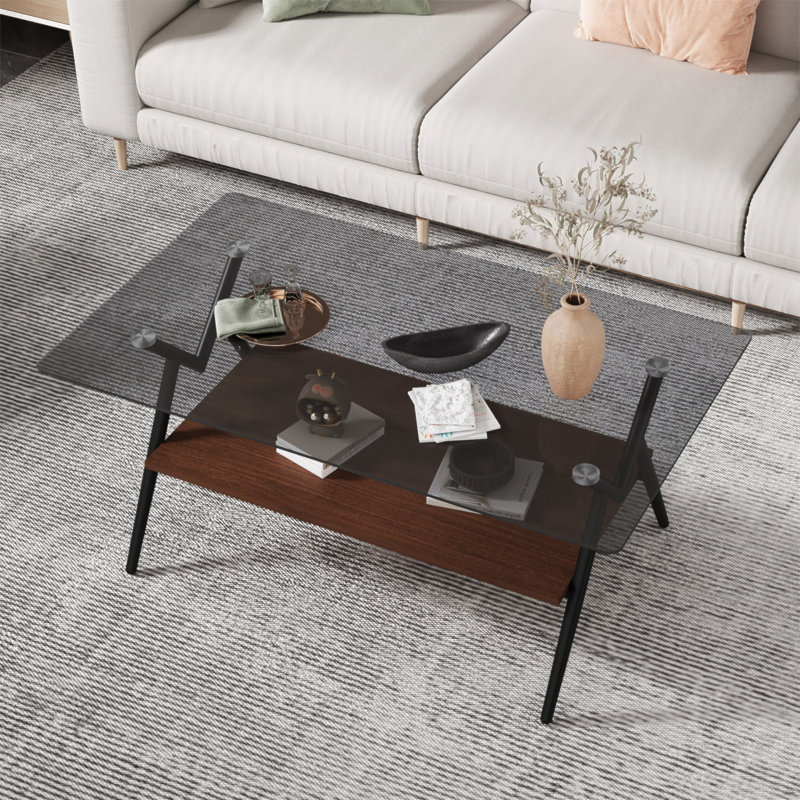 Rectangle Coffee Table With Tempered Glass Top And Brown MDF Shelf, Modern Table For Living Room, Gray Glass, Black