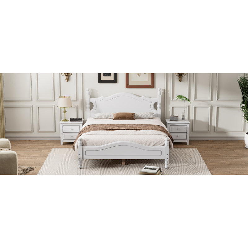 Structure de lit double en bois pleine grandeur, lit plateforme de style rétro avec support en lattes de bois, Full, White