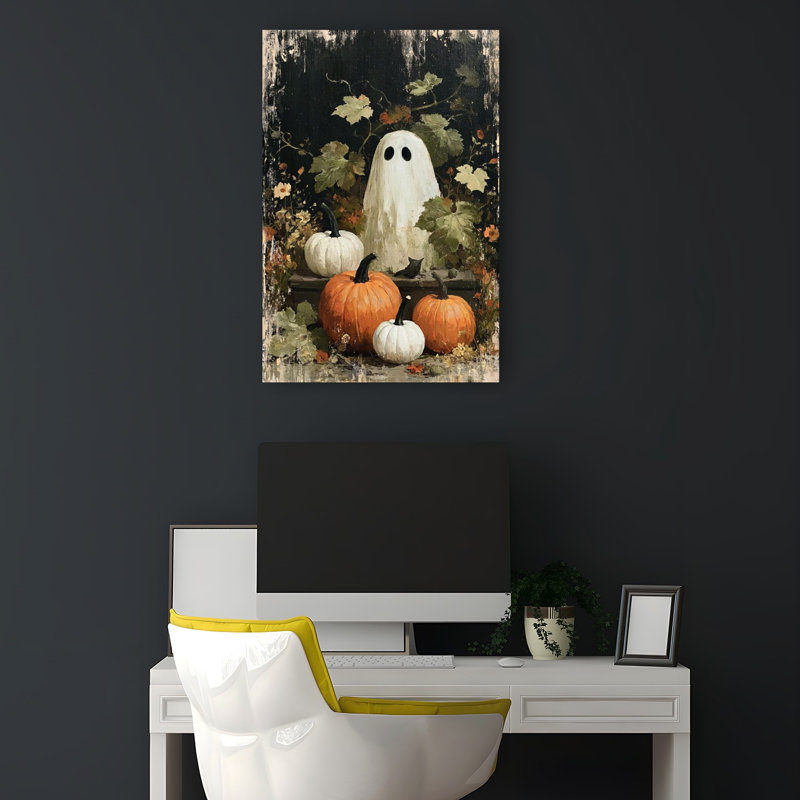 Autumn Ghost And Pumpkins Rustic Vintage Abstract Autumn Nature Wall Art Print 1 Piece Wrapped Canvas Wall Art