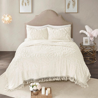100% Cotton Chenille Medallion Fringe Coverlet For Twin/Twin Xl - Chic Design Charming Style