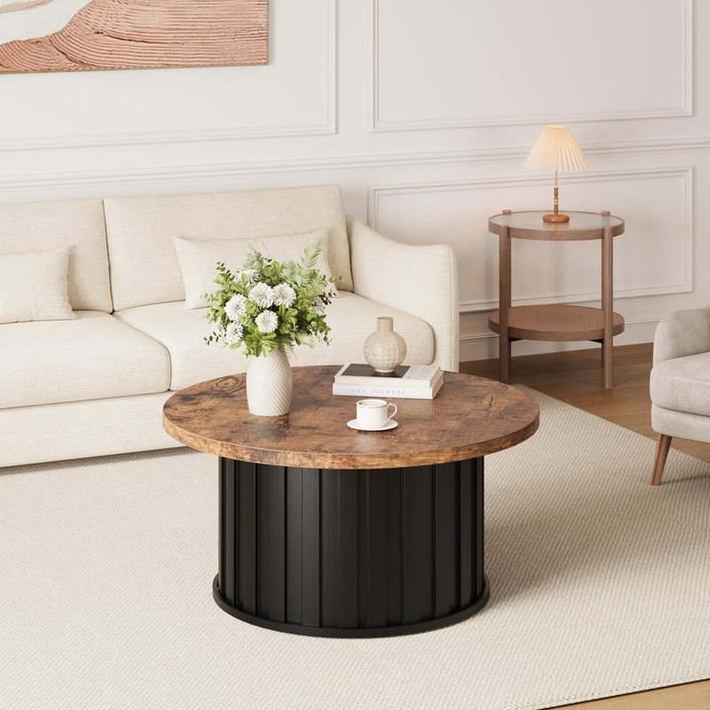 Table basse ronde, table basse moderne Mid-Century avec base en métal, table centrale cannelée de 31,9 po pour le salon, la maison et l'espace