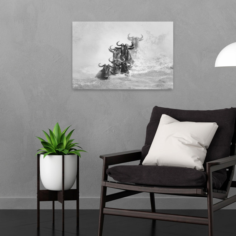 Wildebeest River Crossing Dramatic Abstract Contemporary Animal Nature Wall Art Print, 40.64cm H x 60.96cm W, White