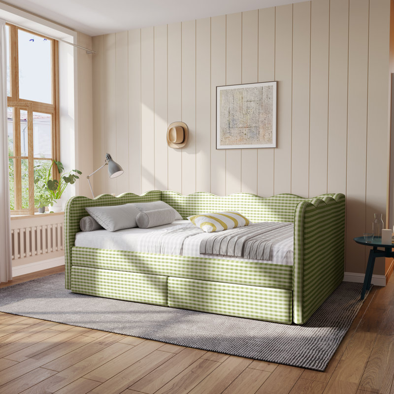 Lit de jour Gingham avec 2 tiroirs de rangement et port USB, forme ondulée, Grand lit, Vert