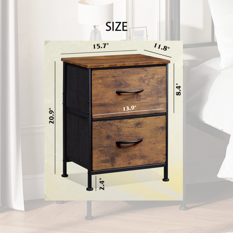 Table de chevet 2 tiroirs 15,7 po - Bacs en tissu de couleur bois, plateau en bois - Rangement à structure en acier