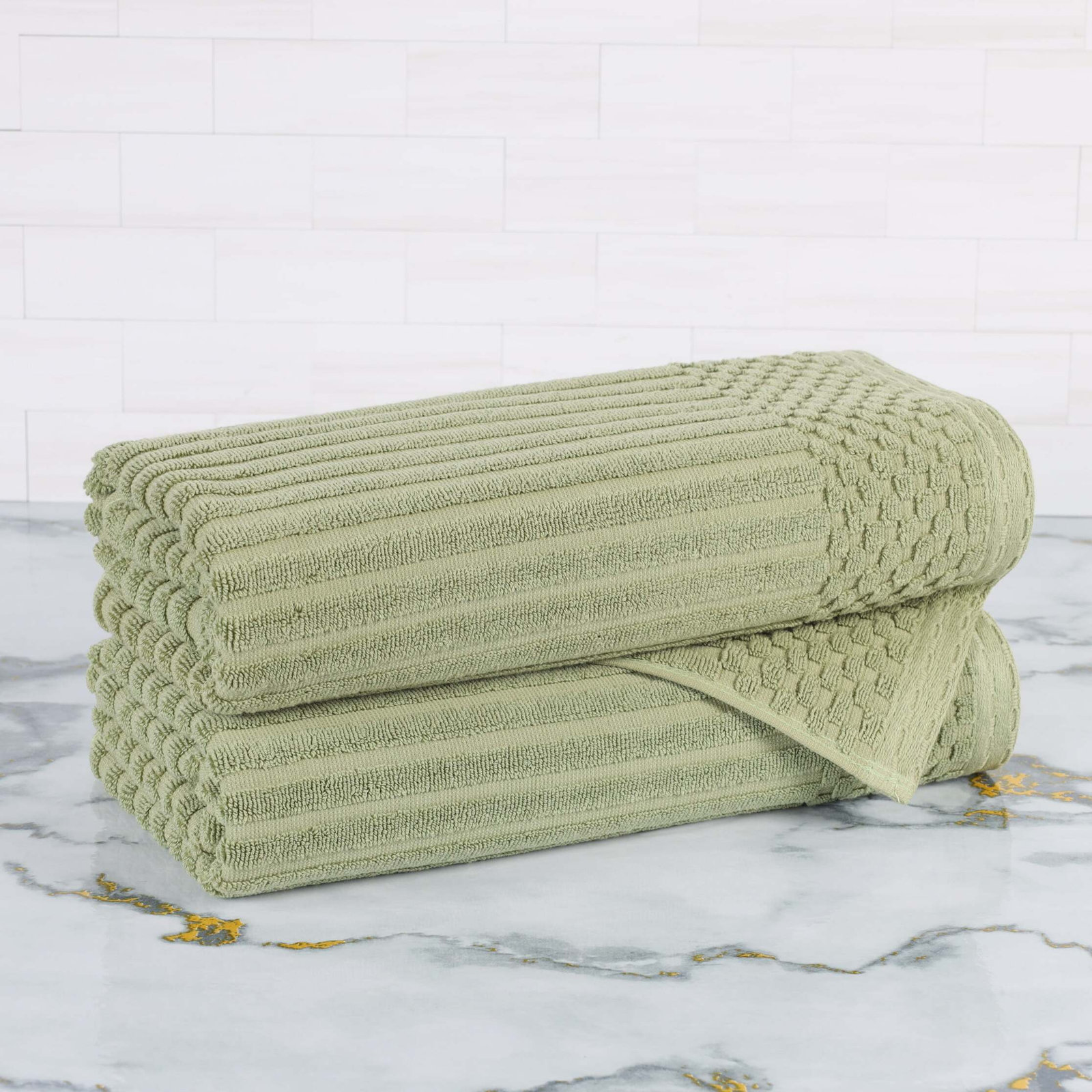 Ruvins Checkered Border Cotton Bath Towel Set, Sage Green